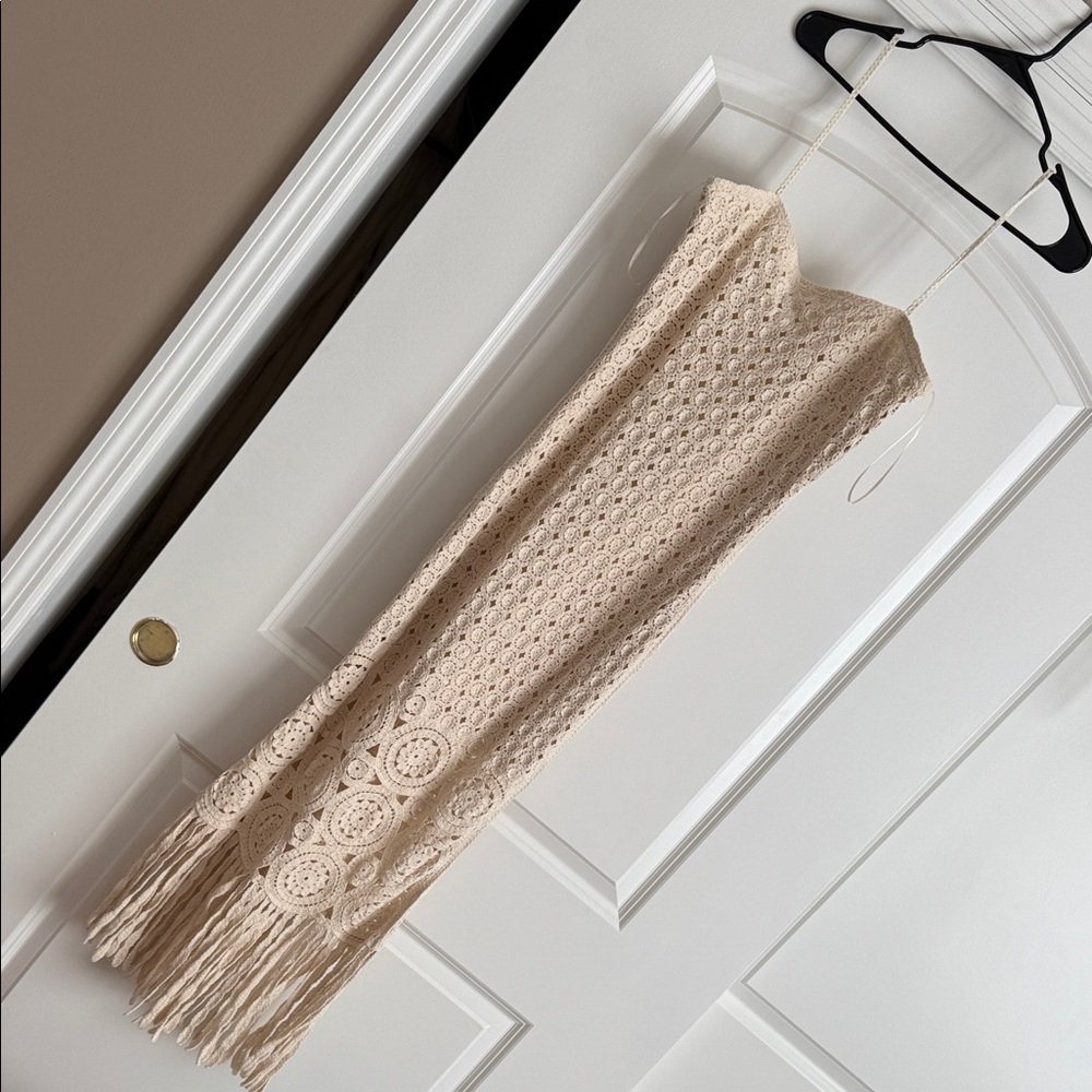Torn by Ronny Kobo Beige Crochet Midi Dress with Fringe